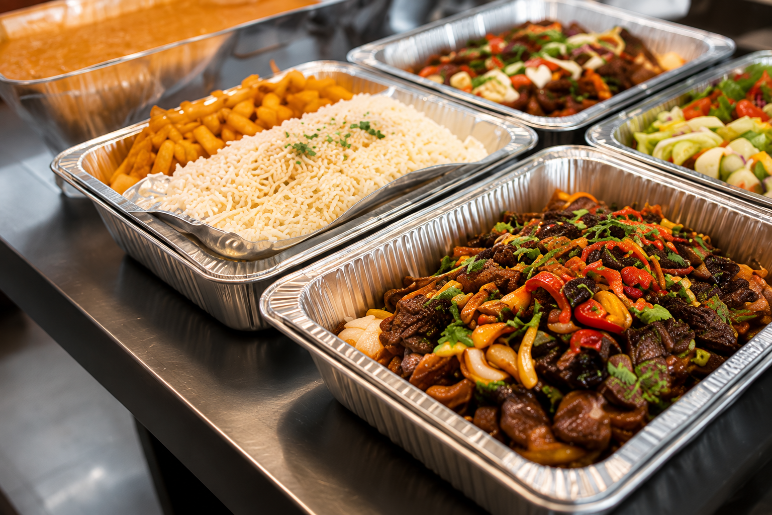 Salsa Grill catering trays with rice, fries, beef, and sides