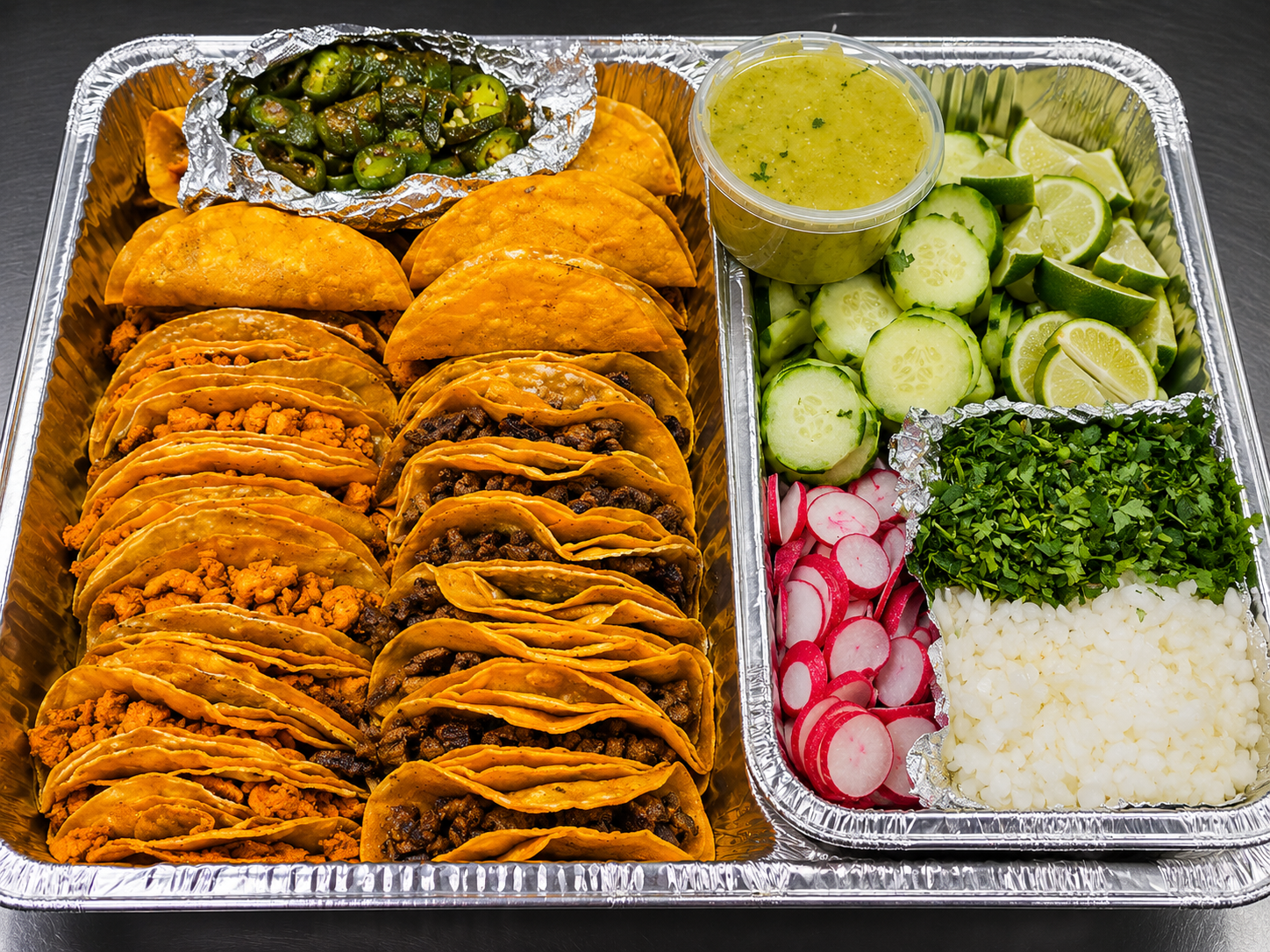 Catering taco tray with fresh toppings